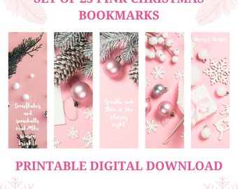Printable Christmas Bookmarks, Pink Christmas & Winter Bookmarks, Instant Download Set of 25 Printable Christmas Bookmark, Book Lover Gift