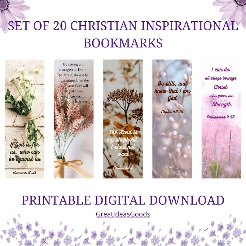 Printable Christian Inspirational Bookmarks, Bible Verses Bookmarks, Instant Download Set of 20 Printable Motivational Bookmarks image 2