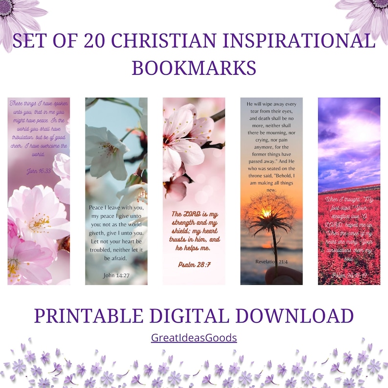 Printable Christian Inspirational Bookmarks, Bible Verses Bookmarks, Instant Download Set of 20 Printable Motivational Bookmarks image 4