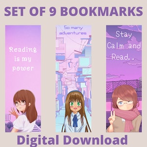 Marcadores de anime imprimibles, anime de dibujos animados ilustrados, conjunto de descarga instantánea de 9 marcadores de anime imprimibles, diseños de manga de anime, amante de los libros