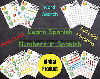 Aprendizaje de números en español para niños, números para principiantes del 1 al 20 en pintables en español, búsqueda de palabras de números en español, vocabulario digital a todo color