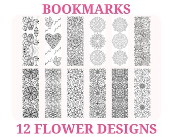 Printable Coloring Bookmarks, Flower Bookmarks, Instant Download Set of 12 Printable Coloring Pages Bookmark, Coloring Pages Flower Bookmark
