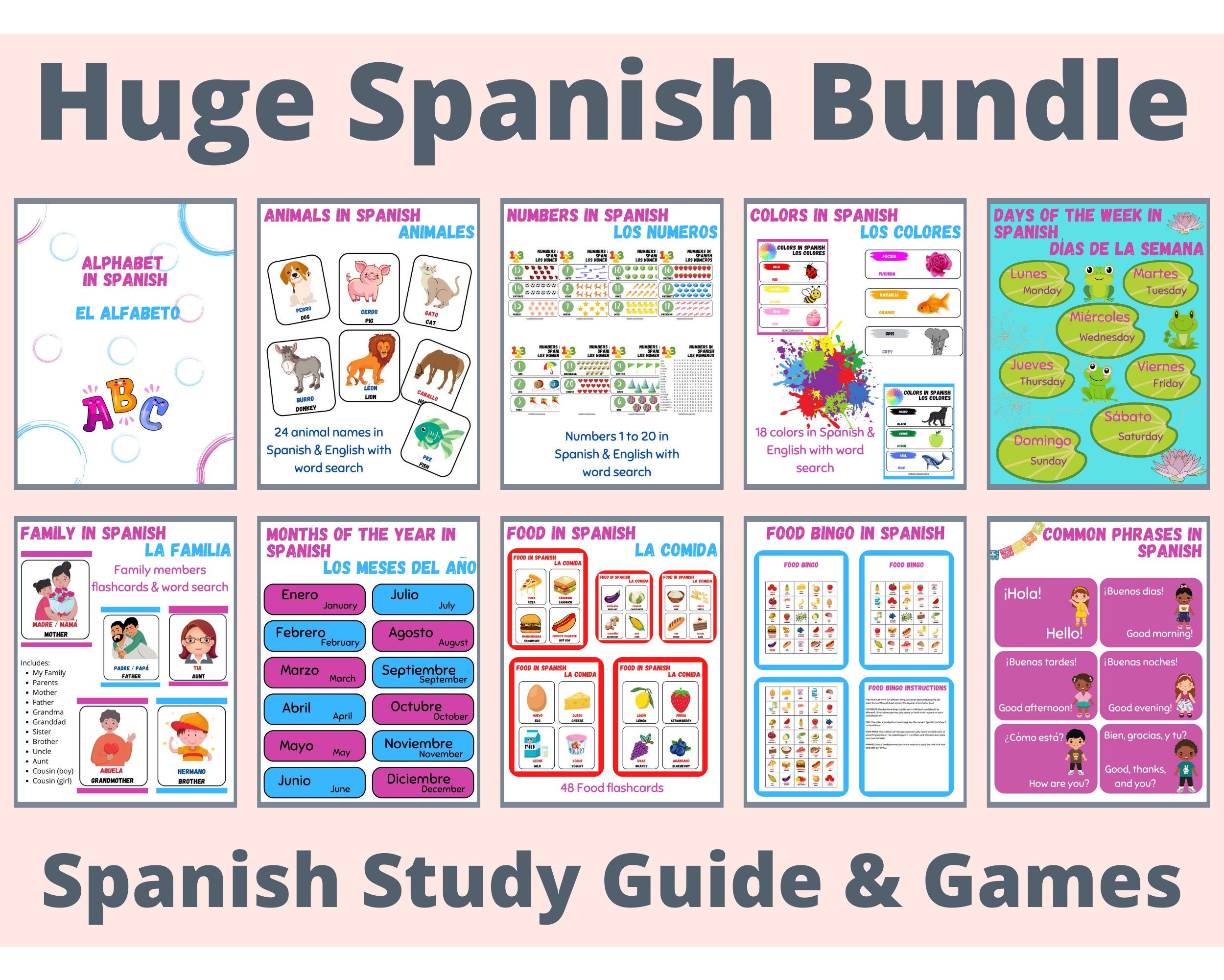Paquete de aprendizaje de español, hojas de trabajo en español para niños, tarjetas didácticas en español imprimibles, búsqueda de palabras en español, bingo, juego de correspondencias en español