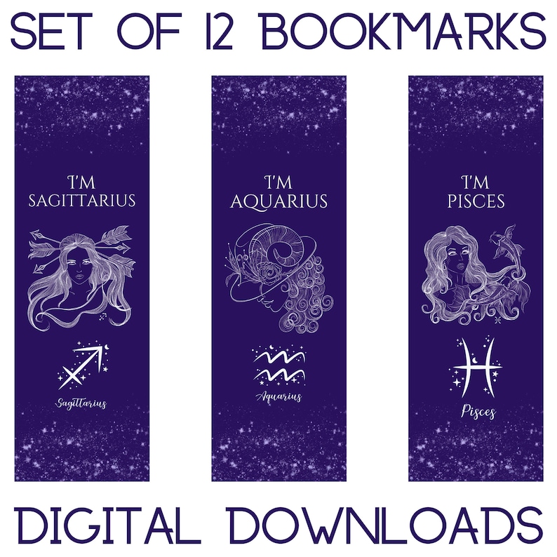 Printable Zodiac Bookmarks, Horoscope Bookmarks, Instant Download of 12 Printable Astrology