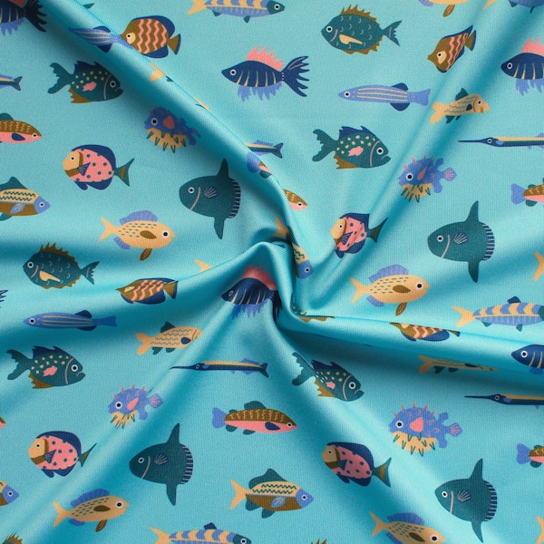 Tissu de bain pour enfants poissons, tissu maillot de bain à motifs animaux marins, tissu élastique au mètre, tissu de natation bleu océan