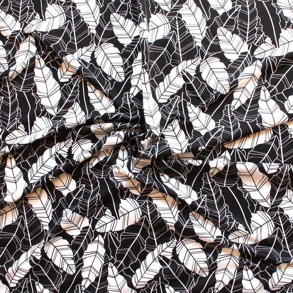 Tissu de bain noir et blanc, tissu maillot bain à motifs feuilles, tissu leggings imprimé, tissu maille élastique sport dessin feuillage