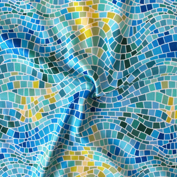 Pool mosaic swimwear fabric, green, blue and yellow geometric fabric, blending colors swimsuit fabric, summer spandex bathing suit fabric