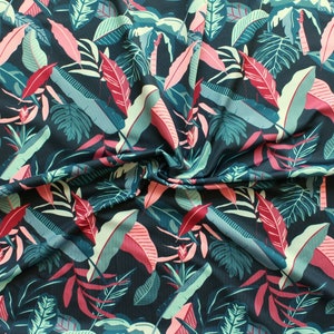 Tropical print athletic fabric, designer polyester spandex fabric, navy blue stretch swimsuit fabric, soft activewear pattern sports fabric