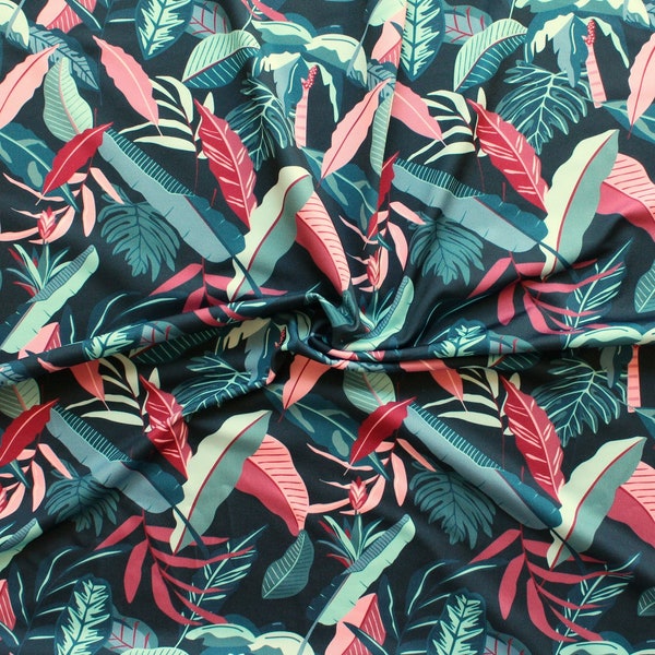 Tissu maillot bain imprimé tropical, tissu de bain à motifs feuilles, tissu élastique palmiers bleu marine, tissu natation dessin original