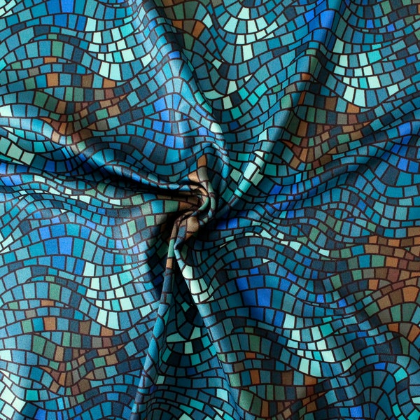 Tissu maillot de bain imprimé mosaïque piscine, tissu de bain à motifs géométriques, tissu natation carreaux de vitrail bleu sarcelle foncé