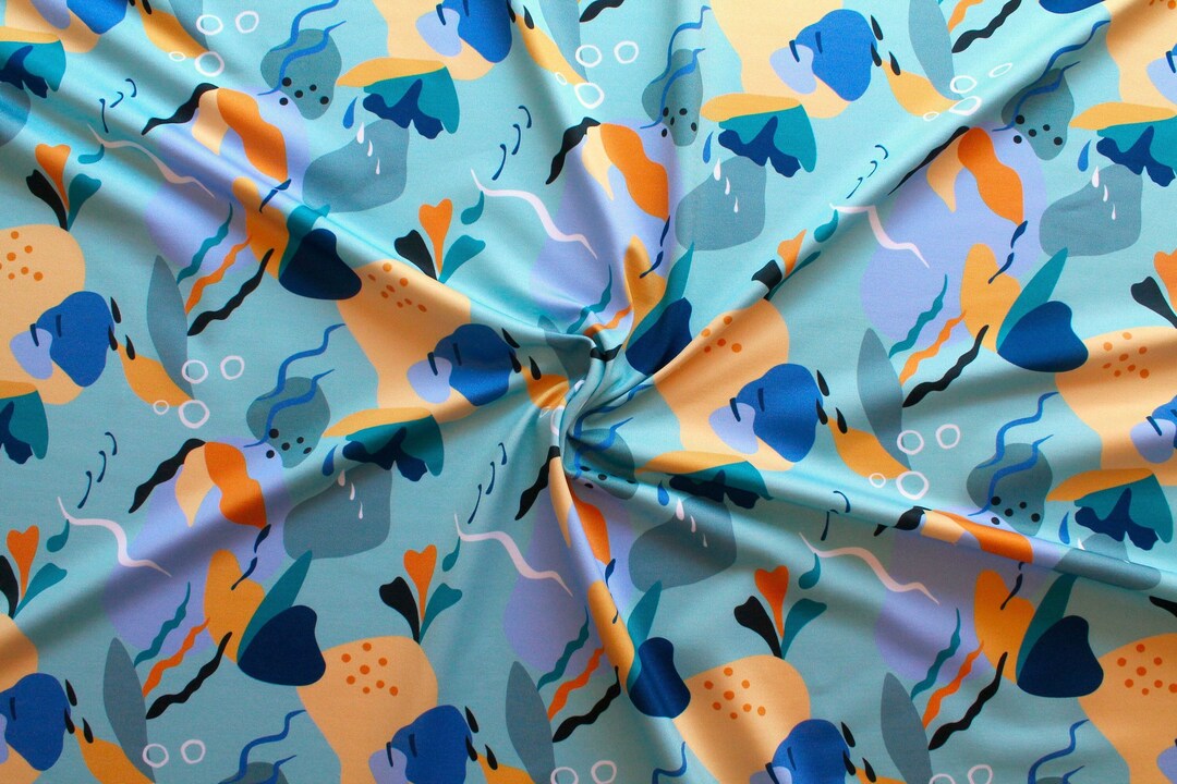 Aqua Teal Swimwear Fabric, Modern Designer Print Spandex Fabric