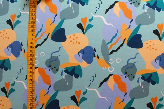 Aqua Teal Swimwear Fabric, Modern Designer Print Spandex Fabric, Abstract 4  Way Stretch Fabric for Bathing Suits, Fun Kids Swimsuit Fabric 