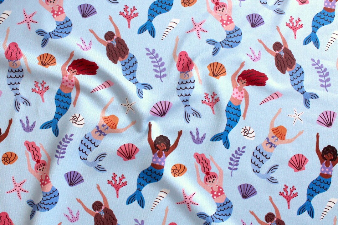 Mermaids Swimsuit Fabric, Shells and Sirens Print Spandex Fabric