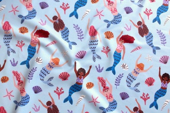 Mermaids Swimsuit Fabric, Shells and Sirens Print Spandex Fabric, Aquatic  Stretch Fabric for Swimsuit, Sea Bathing Suit Fabric for Girls 