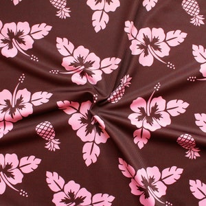 Hibiscus flower print spandex fabric, brown tropical swimwear fabric, elastane 4 way stretch fabric, hawaii swimsuit fabric by the meter