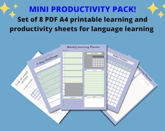 Blue | Instant Download PDF Mini Language Learning Planner | Monthly, Weekly, Daily Plan Sheets - A4 PDF | Language Learning Printables PDF