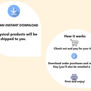 May include: A blue circle with a white downward arrow inside. The text 'THIS IS AN INSTANT DOWNLOAD' is below the circle. The text 'No physical products will be shipped to you.' is below the first line of text. A blue circle with a white shopping cart inside. The text 'How it works' is above the circle. The text 'Check out and pay for your items' is below the circle. A blue circle with a white downward arrow inside. The text 'Download under purchases and reviews in Etsy (you'll also be emailed a link)' is below the circle. A blue circle with a white printer inside. The text 'Print and enjoy!' is below the circle.