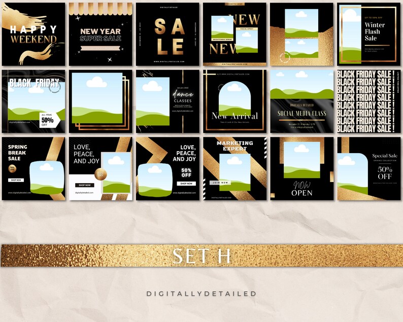 Editable Black Gold Instagram Templates for Facebook Pinterest Social ...