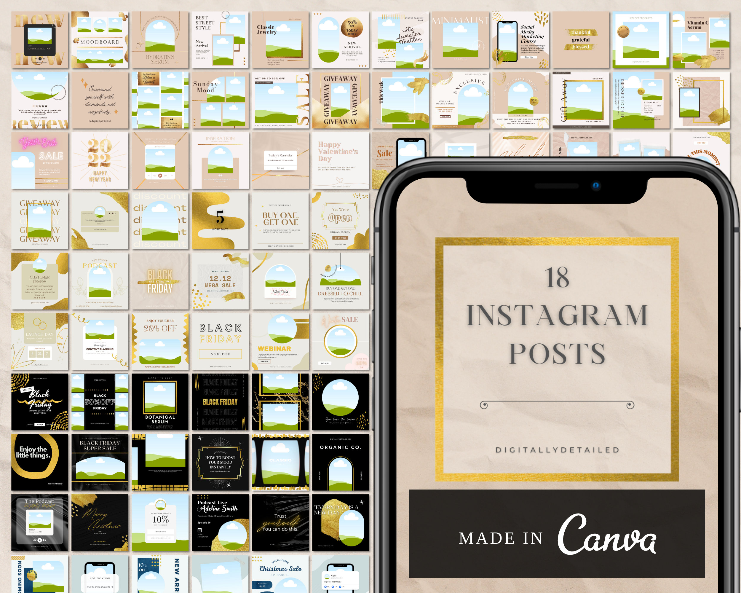 Editable Black Gold Instagram Templates for Facebook Pinterest Social ...