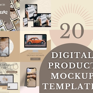 May include: A collection of 20 digital product mockup templates made in Canva. The templates feature various devices, including phones, laptops, and tablets, showcasing different product designs and layouts. The templates are perfect for showcasing digital products such as social media graphics, website designs, and e-books.