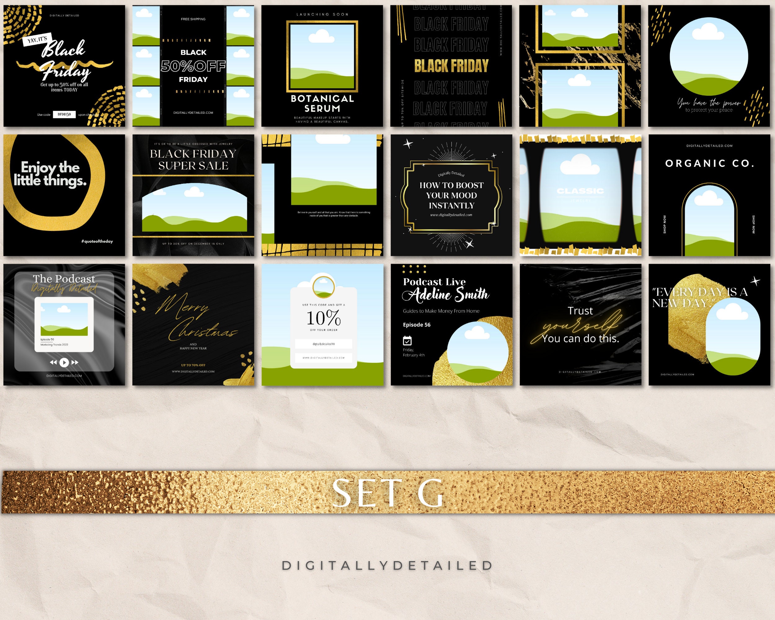 Editable Black Gold Instagram Templates for Facebook Pinterest - Etsy