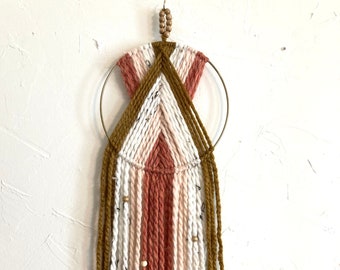 Pink, Rust, & Cream Hoop Yarn Wall Hanging with Wooden Beads