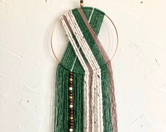 Green, Beige, & Ivory Yarn Hoop Wall Hanging with Wooden Beads, Boho Decor