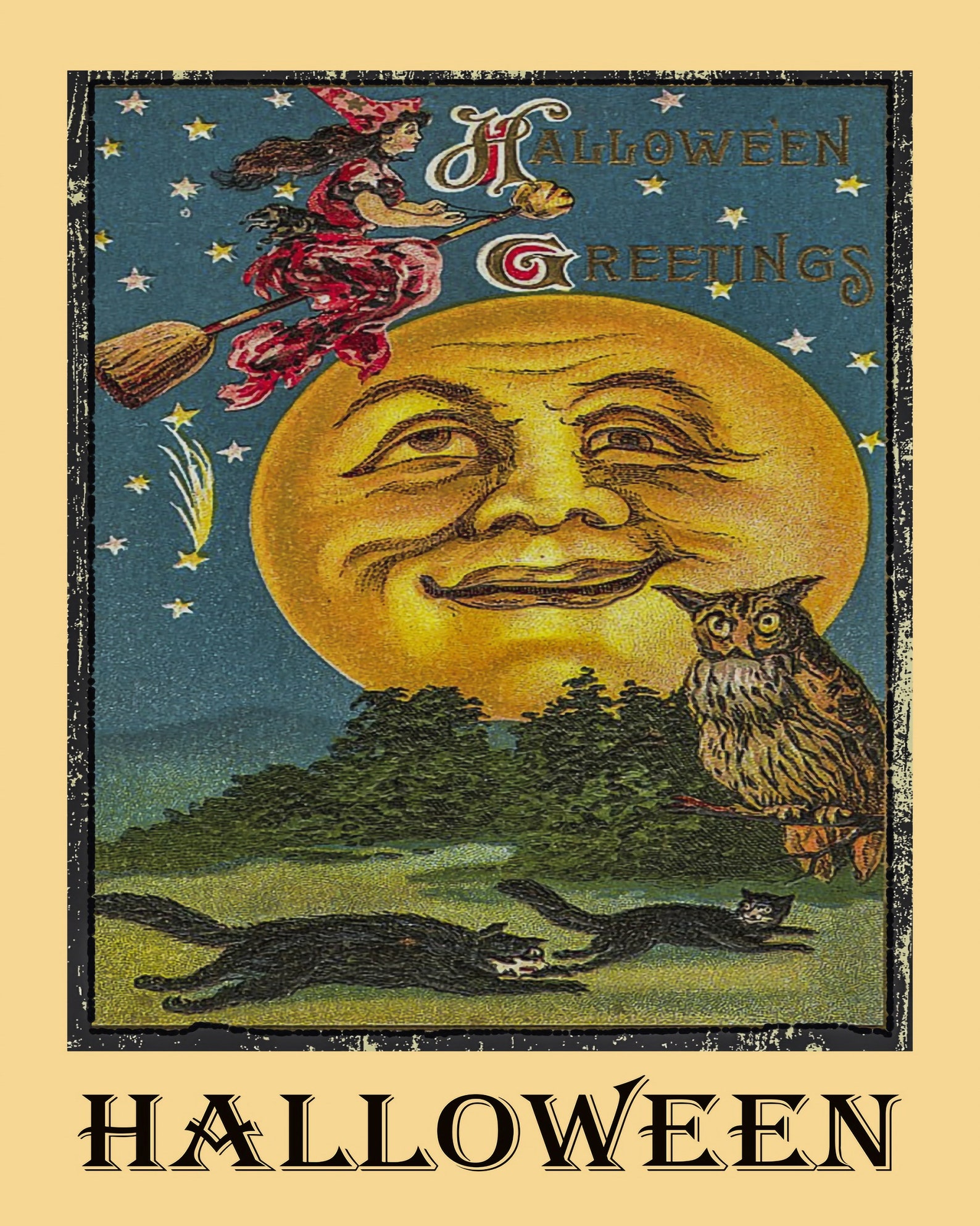 Vintage Witch on Broom Full Moon Halloween Reproduction Print Home ...