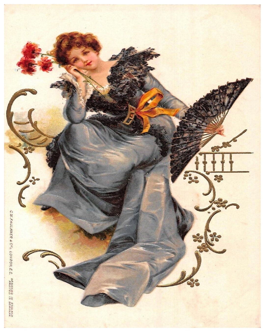 Art Nouveau Lady In Blue With Fan Vintage Reproduction Print Home Decor art-nouveau-lady-in-blue-with-fan-vintage-reproduction-print-home-decor