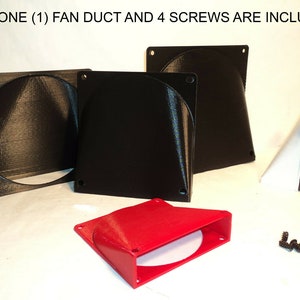 May include: Three black plastic fan ducts, one red plastic fan duct, and four black screws. "ONLY ONE (1) FAN DUCT AND 4 SCREWS ARE INCLUDED" text is visible in the image.