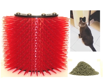 May include: Red cat scratching post with a black base and a gray cat scratching on a similar post in the background. A pile of dried catnip is also shown.