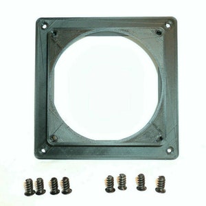 May include: A black plastic fan mount with four screw holes and eight black screws.