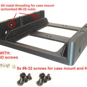 May include: A black metal hard drive mounting bracket with eight M3 SSD screws and eight #6-32 screws for case and hard drive mounting. The bracket has threaded holes for mounting to a computer case.