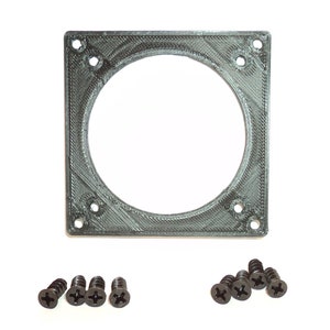 May include: A black plastic fan mount with four screw holes. The mount is designed to hold a 40mm fan. There are eight black screws included.