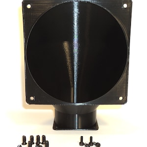 May include: A black, 3D-printed funnel with a square frame and a circular opening. The funnel tapers down to a smaller, cylindrical base. Several black screws are arranged below the funnel.