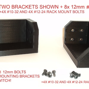 May include: Two black plastic brackets with eight 12mm #8 bolts and four #10-32 and four #12-24 rack mount bolts.  The text "COMES WITH TWO BRACKETS SHOWN + 8x 12mm #8 BOLTS +4X #10-32 AND 4X #12-24 RACK MOUNT BOLTS +8x #8 12mm BOLTS FOR MOUNTING BRACKETS TO SWITCH! +4X #10-32 AND 4X #12-24 RACK MOUNT BOLTS" is printed on a white background.