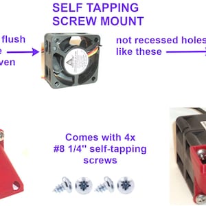 Puede incluir: Primer plano de un ventilador de ordenador negro con cuatro orificios de montaje. El ventilador est&aacute; montado en un soporte de pl&aacute;stico rojo con cuatro tornillos. El texto "SELF TAPPING SCREW MOUNT" est&aacute; escrito en morado encima del ventilador. El texto "Comes with 4x #8 1/4" self-tapping screws" est&aacute; escrito debajo del ventilador. La imagen muestra la forma correcta de montar un ventilador utilizando tornillos autorroscantes.