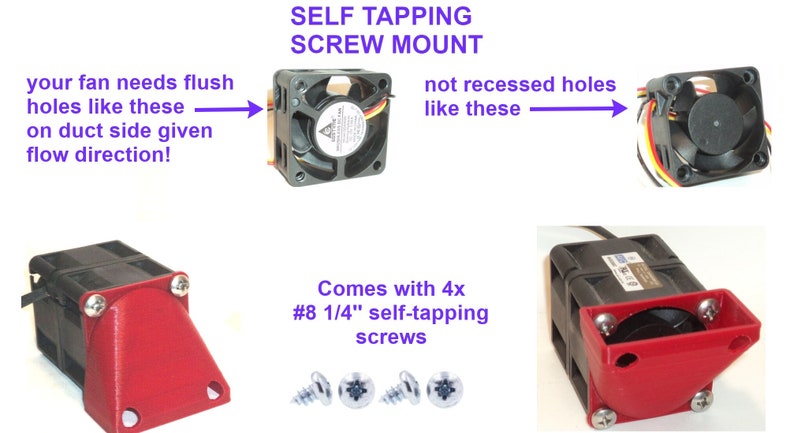Puede incluir: Primer plano de un ventilador de ordenador negro con cuatro orificios de montaje. El ventilador est&aacute; montado en un soporte de pl&aacute;stico rojo con cuatro tornillos. El texto "SELF TAPPING SCREW MOUNT" est&aacute; escrito en morado encima del ventilador. El texto "Comes with 4x #8 1/4" self-tapping screws" est&aacute; escrito debajo del ventilador. La imagen muestra la forma correcta de montar un ventilador utilizando tornillos autorroscantes.