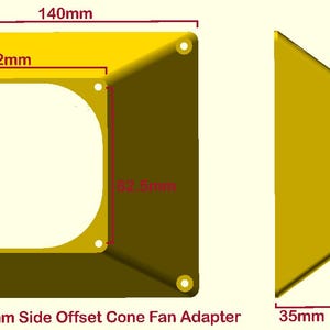 May include: A yellow 140mm to 92mm side offset cone fan adapter. The adapter has a square shape with a central opening of 92mm x 92mm. The overall dimensions are 5.5 inches by 4.9 inches, with a side depth of 1.4 inches. Clearance height is a minimum of 0.08 inches.