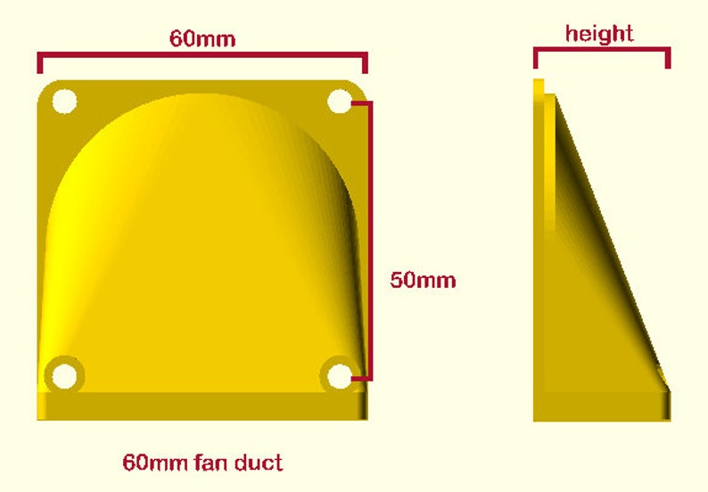 May include: A yellow 60mm fan duct with a curved interior and four mounting holes. The duct is 60mm wide, 50mm tall, and has a height of approximately 0.5 inches. The text "60mm fan duct" is below the image.