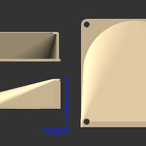 May include: A beige plastic model of a fan with a curved blade. The model is shown in three different views, including a side view, a top view, and a front view. The model is approximately 10 inches tall.