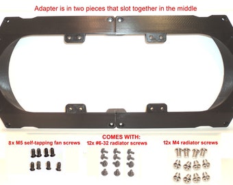 May include: Two black plastic pieces that slot together to create a fan adapter. The adapter comes with 8 black M5 self-tapping fan screws, 12 silver #6-32 radiator screws, and 12 silver M4 radiator screws.