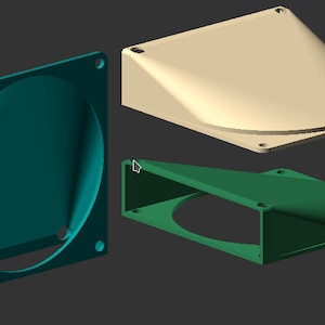 May include: Three 3D printed fan shrouds, one in teal, one in green, and one in beige. The shrouds are designed to direct airflow from a fan.