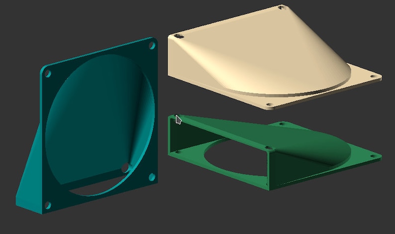 May include: Three 3D printed fan shrouds, one in teal, one in green, and one in beige. The shrouds are designed to direct airflow from a fan.