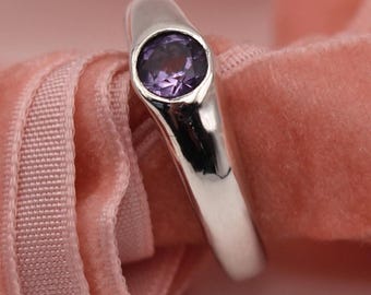Art Deco Amethyst Signet Ring, Recycled Sterling Silver Bezel Setting