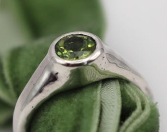Art Deco Peridot Signet Ring, Recycled Sterling Silver Bezel Setting