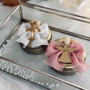 Personalized Baptism Candle Favors: Gold Metal Box, Communion Christening Gift