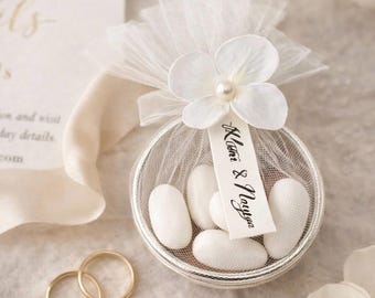 Bomboniera con anello d'oro per matrimonio, bomboniera con mandorle personalizzata, elegante bomboniera ricordo per battesimo