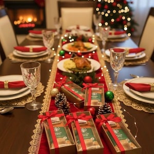 May include: Three rectangular cardboard gift boxes containing Starbucks coffee packets, each tied with a red ribbon, arranged on a red velvet table runner. The runner is decorated with pinecones, ornaments, and string lights on a dining table.