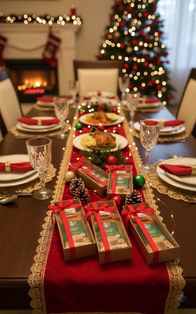 May include: Three rectangular cardboard gift boxes containing Starbucks coffee packets, each tied with a red ribbon, arranged on a red velvet table runner. The runner is decorated with pinecones, ornaments, and string lights on a dining table.